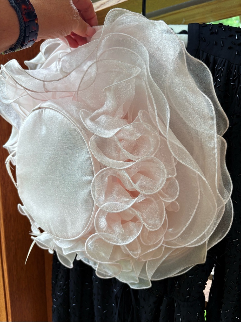 Vintage Sheer Ruffle Organza Fascinator Hat in Pale Pink Feathers Amazing - Picture 1 of 13